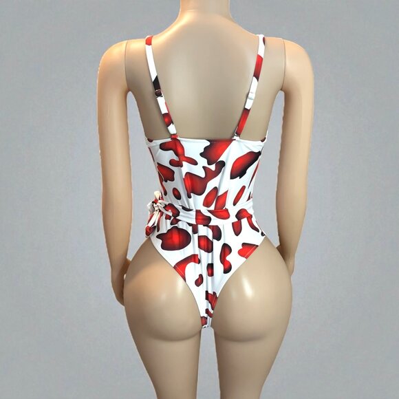 Red and White High Cut Women One-piece With Sash - Picture 4 of 8